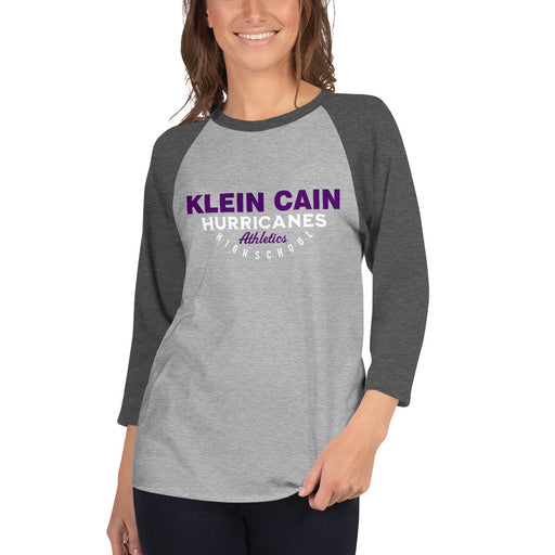 Woman wearing a Klein Cain High School Hurricanes 3/4 Sleeve Raglan T-shirt 12