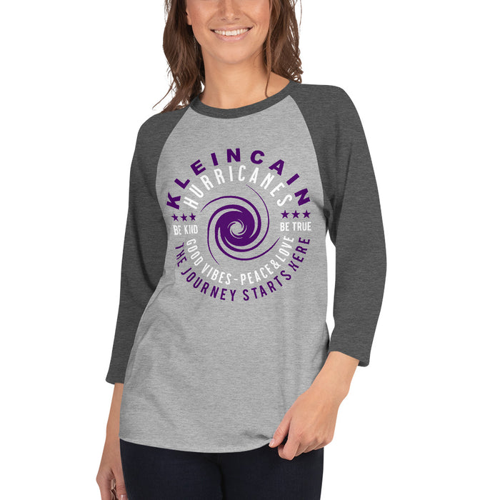 Woman wearing a Klein Cain High School Hurricanes Unisex 3/4 Sleeve Raglan T-shirt 16