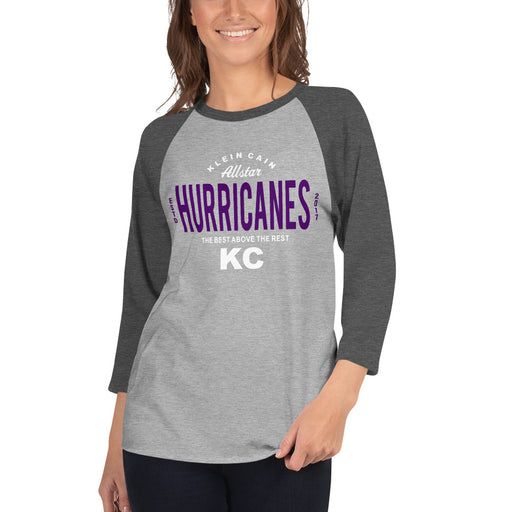 Woman wearing a Klein Cain High School Hurricanes Unisex 3/4 Sleeve Raglan T-shirt 40