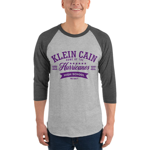 Man wearing a Klein Cain High School Hurricanes Unisex 3/4 Sleeve Raglan T-shirt 96