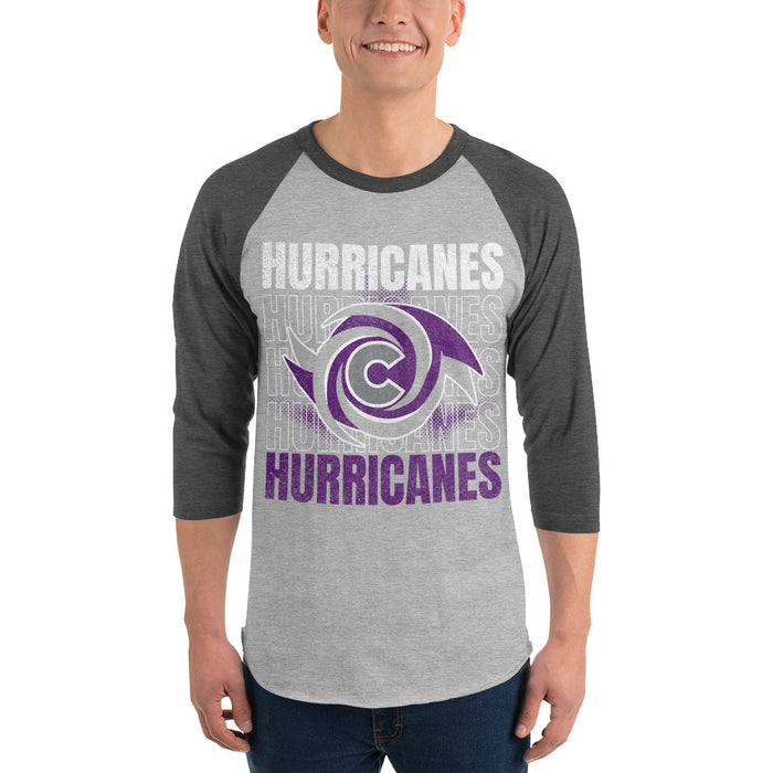 Man wearing a Klein Cain High School Hurricanes Unisex 3/4 Sleeve Raglan T-shirt 233