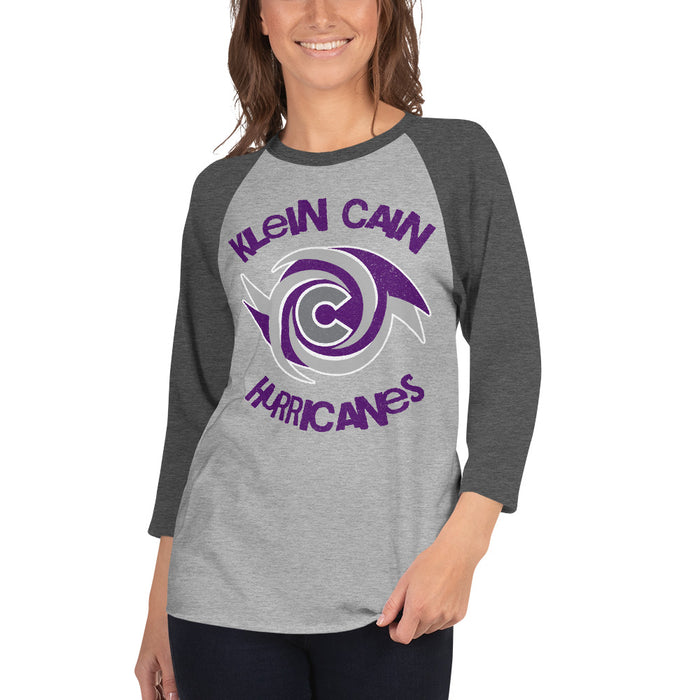 Woman wearing a Klein Cain High School Hurricanes Unisex 3/4 Sleeve Raglan T-shirt 234