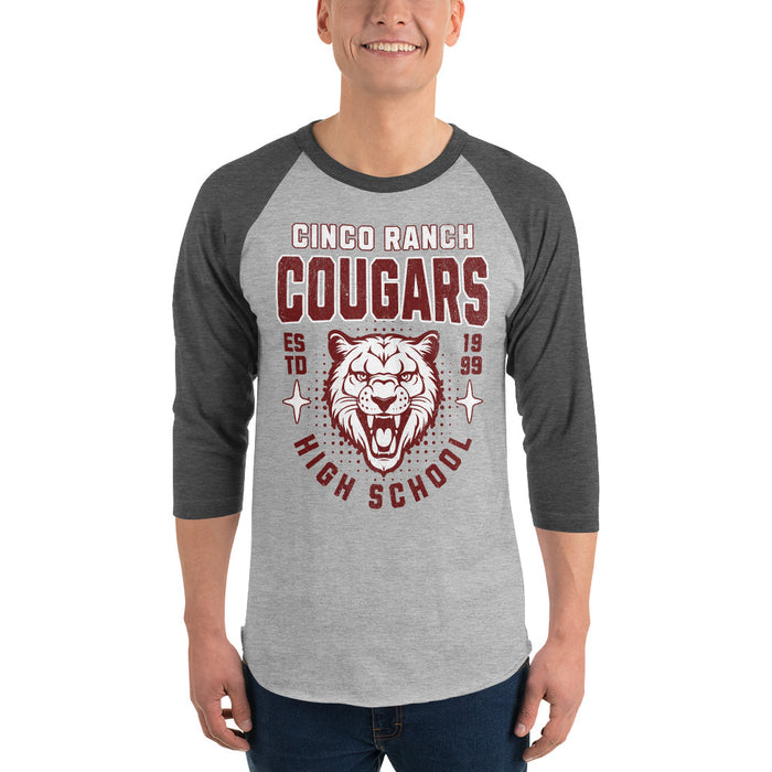 Man wearing a Cinco Ranch High School Cougars Unisex 3/4 sleeve Raglan T-shirt 201