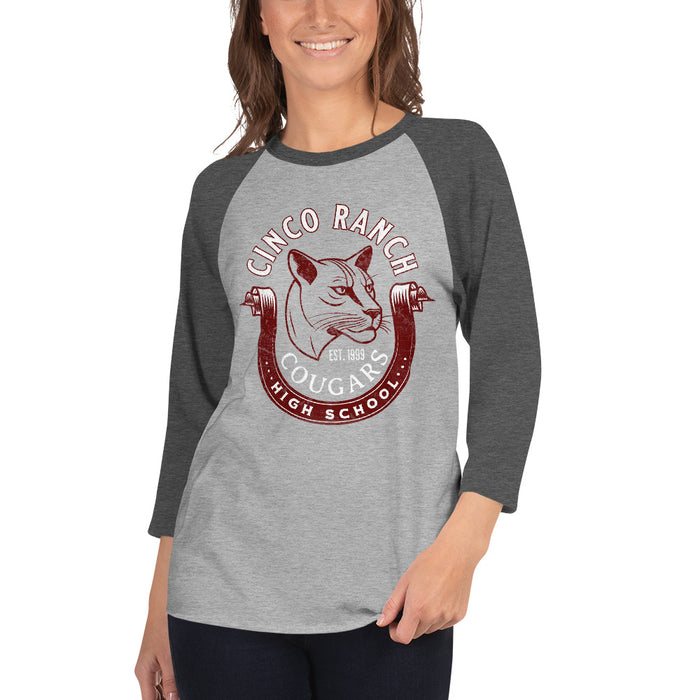 Woman wearing a Cinco Ranch High School Cougars Unisex 3/4 sleeve Raglan T-shirt 206