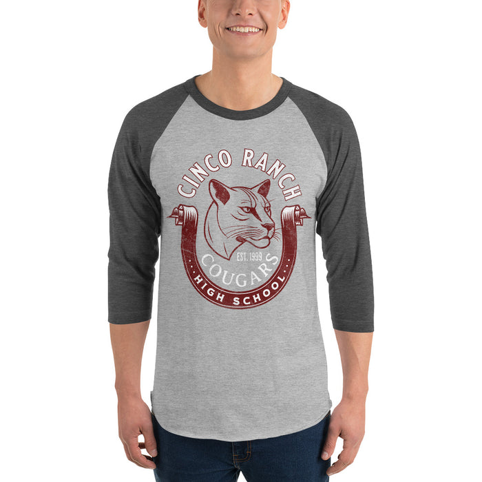 Man wearing a Cinco Ranch High School Cougars Unisex 3/4 sleeve Raglan T-shirt 206