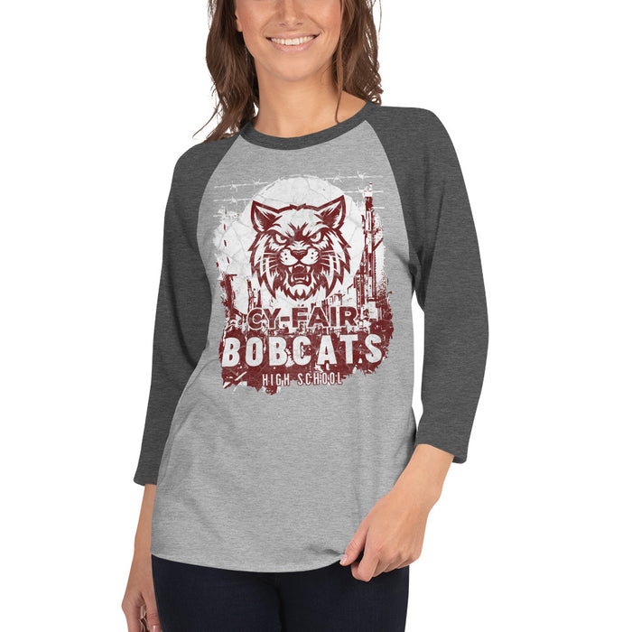 Woman wearing Cy-Fair High School Bobcats Unisex 3/4 sleeve Raglan T-shirt 202