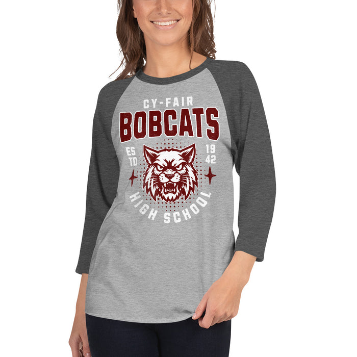 Woman wearing Cy-Fair High School Bobcats Unisex 3/4 sleeve Raglan T-shirt 204