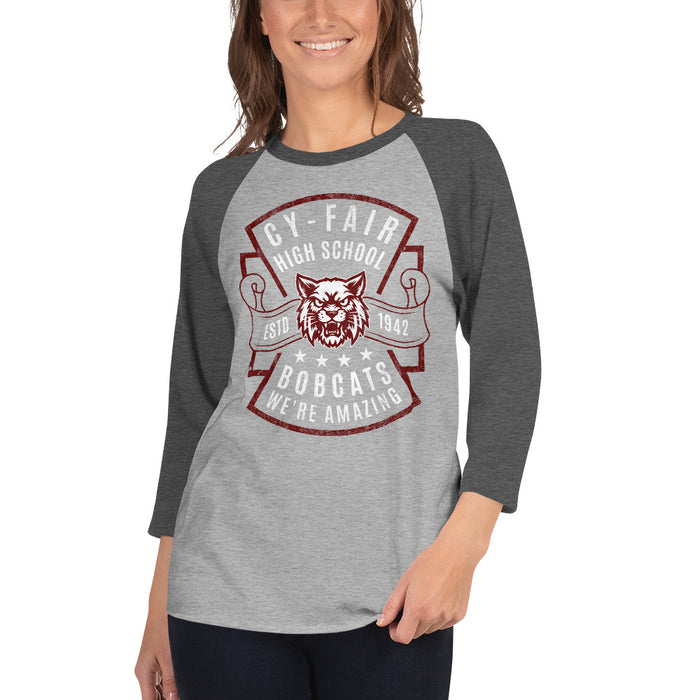 Woman wearing Cy-Fair High School Bobcats Unisex 3/4 sleeve Raglan T-shirt 207