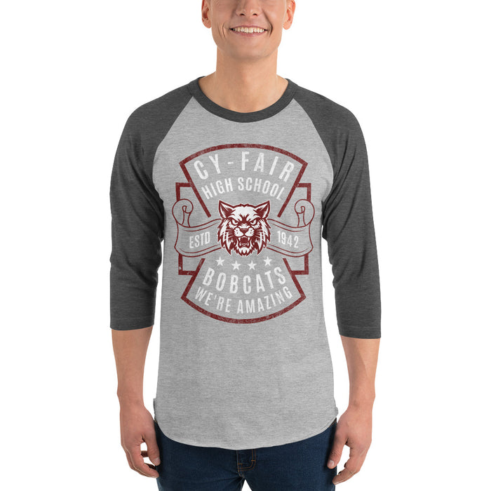 Man wearing Cy-Fair High School Bobcats Unisex 3/4 sleeve Raglan T-shirt 207