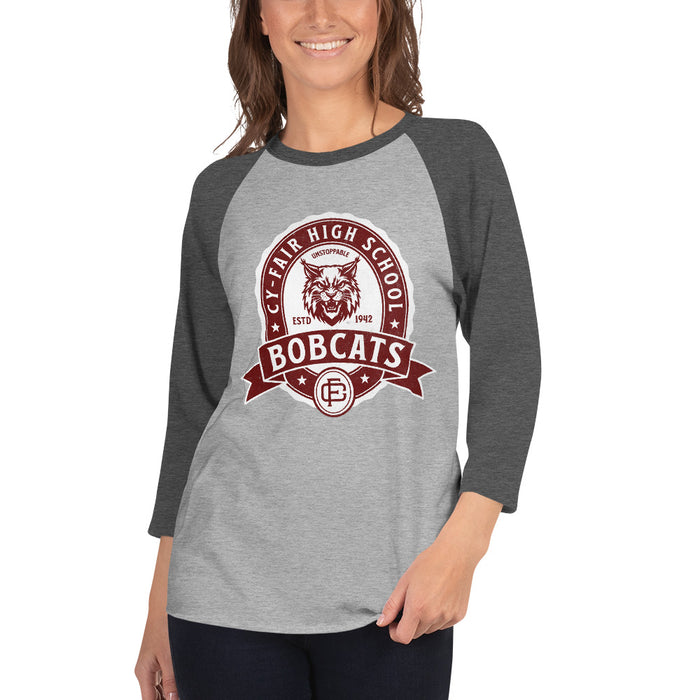 Woman wearing Cy-Fair High School Bobcats Unisex 3/4 sleeve Raglan T-shirt 212