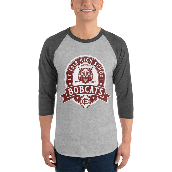 Man wearing Cy-Fair High School Bobcats Unisex 3/4 sleeve Raglan T-shirt 212