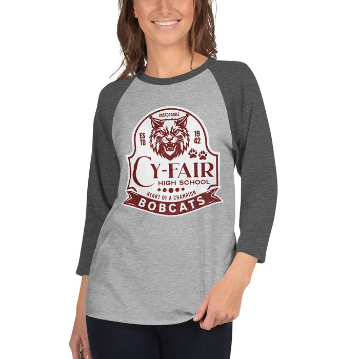 Woman wearing Cy-Fair High School Bobcats Unisex 3/4 sleeve Raglan T-shirt 219