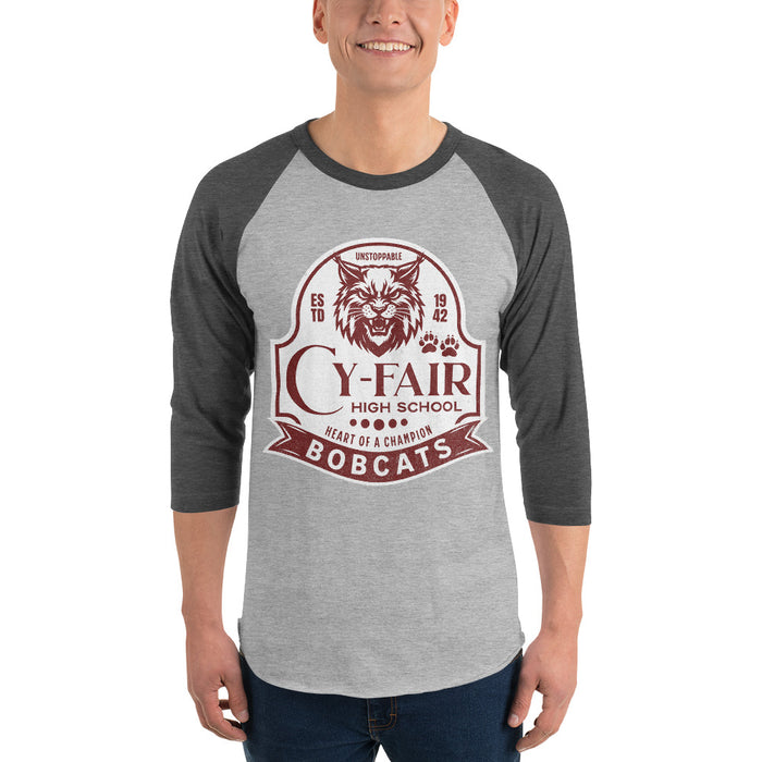 Man wearing Cy-Fair High School Bobcats Unisex 3/4 sleeve Raglan T-shirt 219