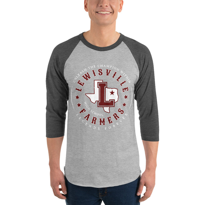 Man wearing Lewisville High School Farmers Unisex 3/4 Sleeve Raglan T-shirt 214