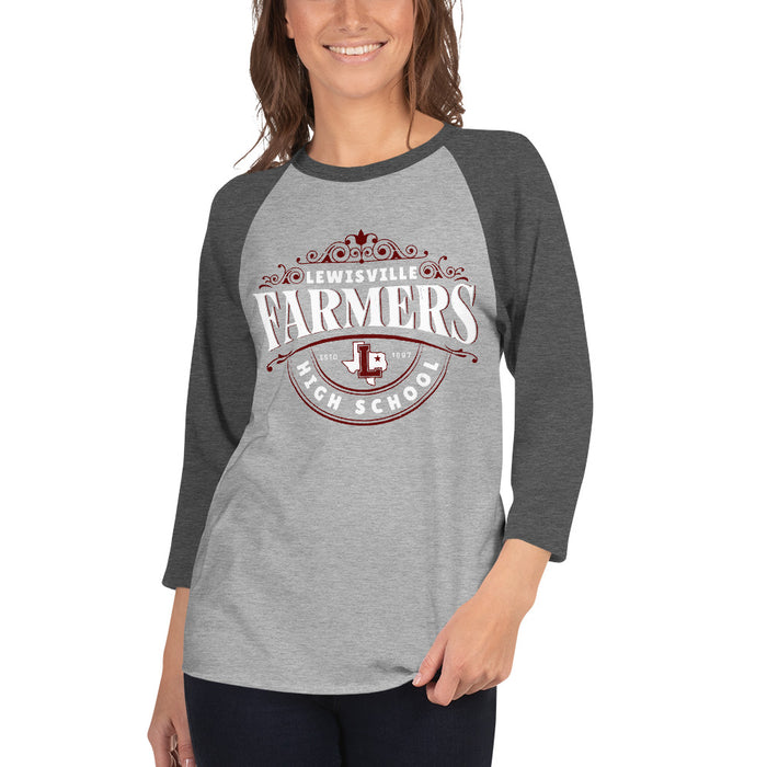 Woman wearing Lewisville High School Farmers Unisex 3/4 Sleeve Raglan T-shirt 211
