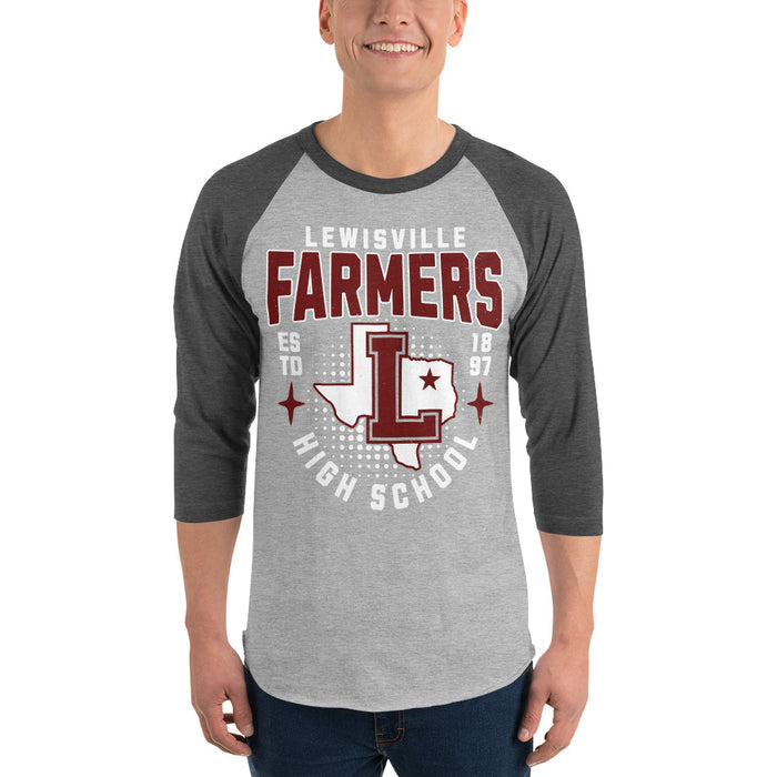 Man wearing Lewisville High School Farmers Unisex 3/4 Sleeve Raglan T-shirt 204