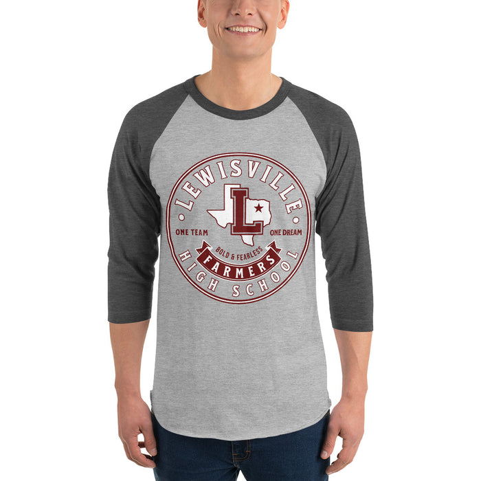 Man wearing Lewisville High School Farmers Unisex 3/4 Sleeve Raglan T-shirt 215