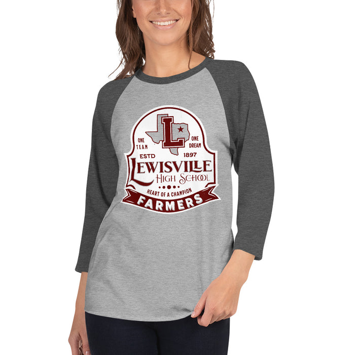 Woman wearing Lewisville High School Farmers Unisex 3/4 Sleeve Raglan T-shirt 219