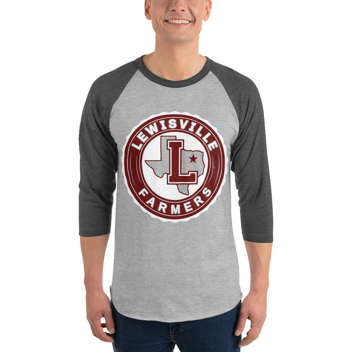 Man wearing Lewisville High School Farmers Unisex 3/4 Sleeve Raglan T-shirt 216