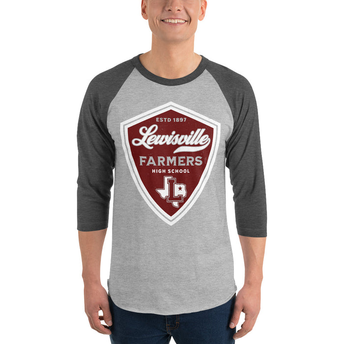 Man wearing Lewisville High School Farmers Unisex 3/4 Sleeve Raglan T-shirt 224