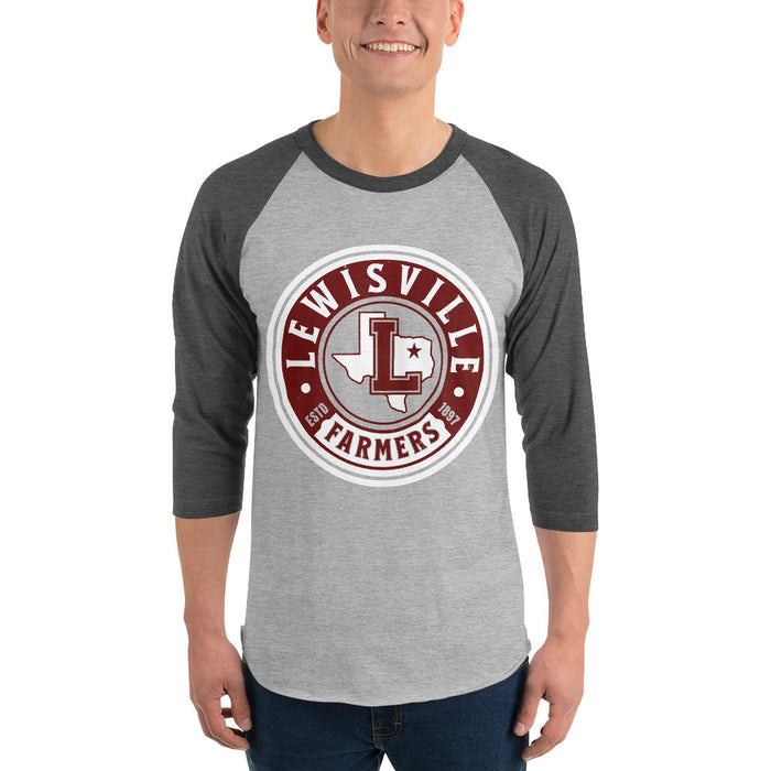 Man wearing Lewisville High School Farmers Unisex 3/4 Sleeve Raglan T-shirt 220