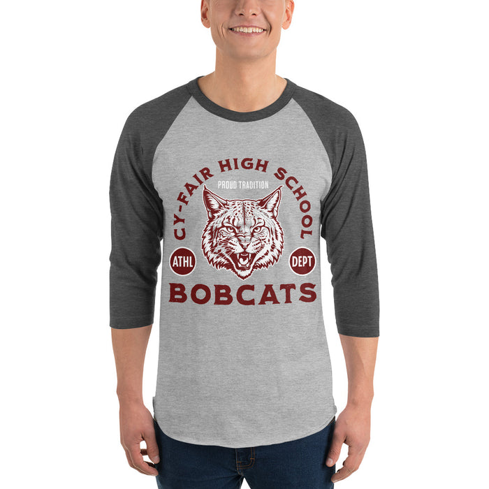 Man wearing Cy-Fair High School Bobcats Unisex 3/4 sleeve Raglan T-shirt 208
