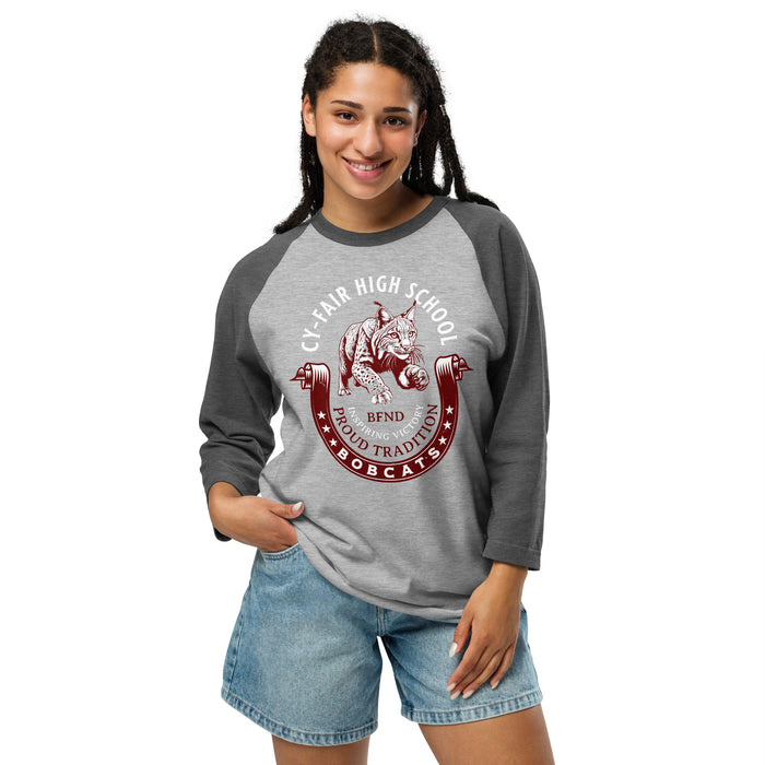 Woman wearing Cy-Fair High School Bobcats Unisex 3/4 sleeve Raglan T-shirt 229