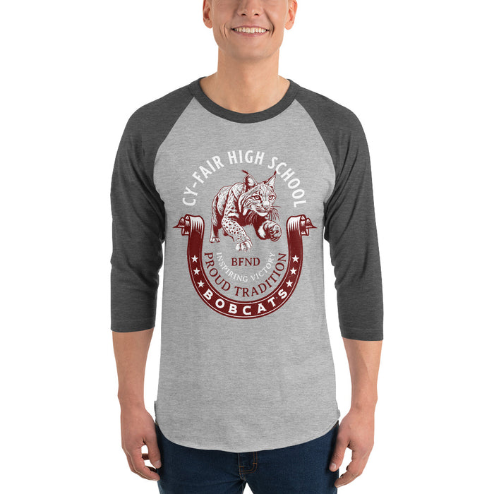 Man wearing Cy-Fair High School Bobcats Unisex 3/4 sleeve Raglan T-shirt 229