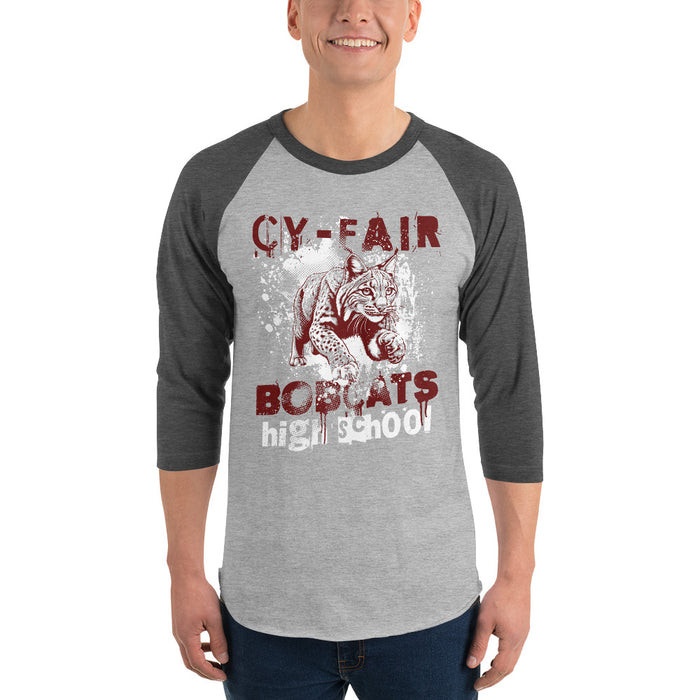Man wearing Cy-Fair High School Bobcats Unisex 3/4 sleeve Raglan T-shirt 205