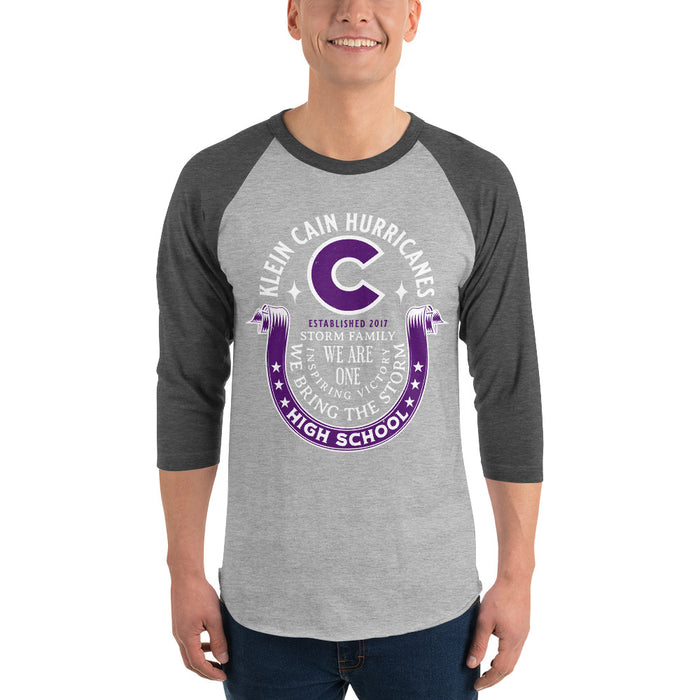 Man wearing Klein Cain High School Hurricanes Unisex 3/4 Sleeve Raglan T-shirt 229