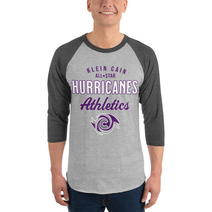 Man wearing Klein Cain High School Hurricanes Unisex 3/4 Sleeve Raglan T-shirt 034