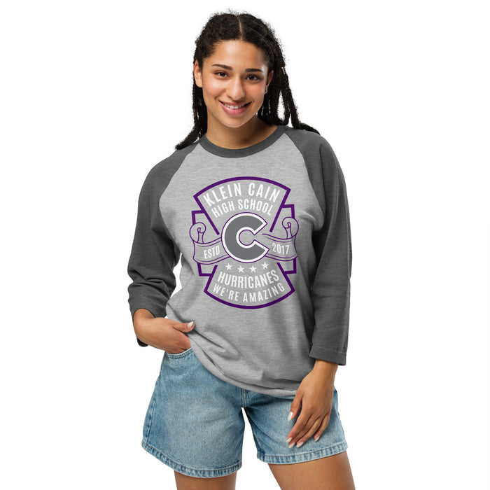 Woman wearing Klein Cain High School Hurricanes Unisex 3/4 Sleeve Raglan T-shirt 207