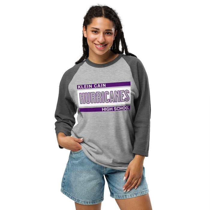 Woman wearing Klein Cain High School Hurricanes Unisex 3/4 Sleeve Raglan T-shirt 098