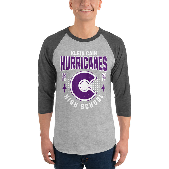 Man wearing Klein Cain High School Hurricanes Unisex 3/4 Sleeve Raglan T-shirt 204