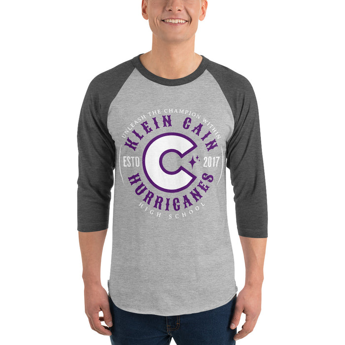 Man wearing Klein Cain High School Hurricanes Unisex 3/4 Sleeve Raglan T-shirt 214