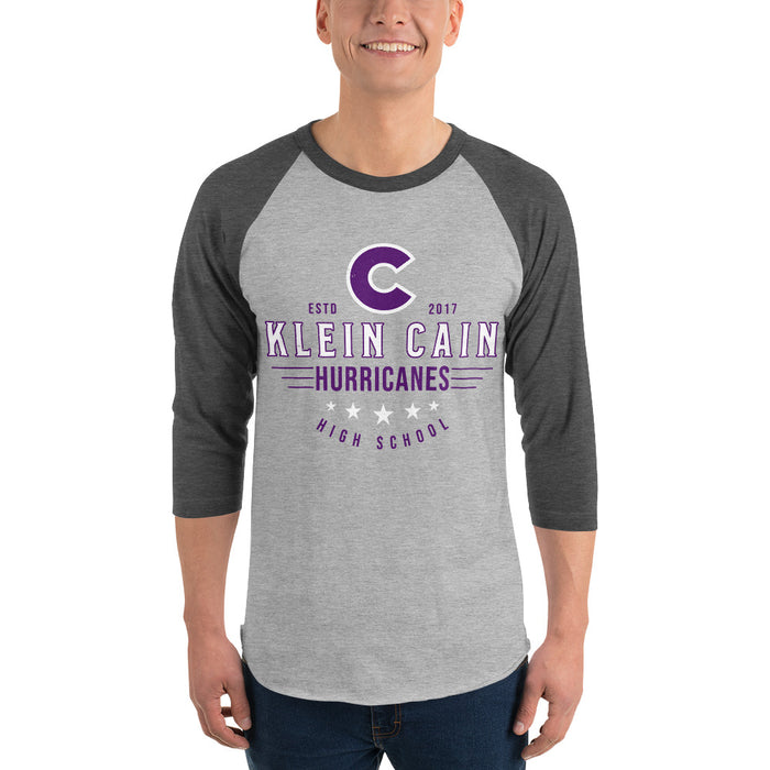 Man wearing Klein Cain High School Hurricanes Unisex 3/4 Sleeve Raglan T-shirt 217