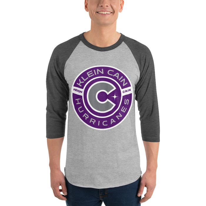 Man wearing Klein Cain High School Hurricanes Unisex 3/4 Sleeve Raglan T-shirt 239
