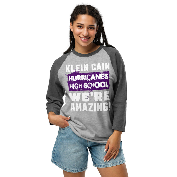 Woman wearing Klein Cain High School Hurricanes Unisex 3/4 Sleeve Raglan T-shirt 231
