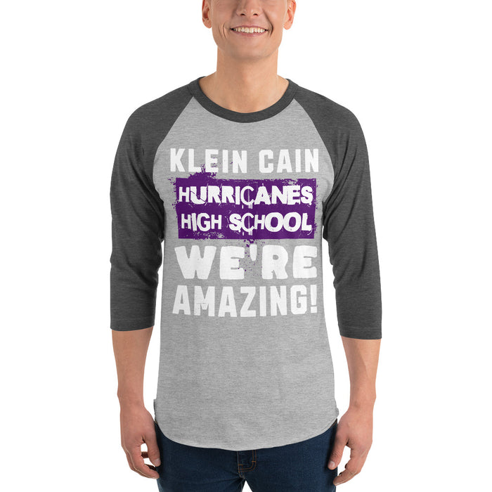 Man wearing Klein Cain High School Hurricanes Unisex 3/4 Sleeve Raglan T-shirt 231