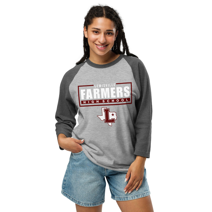 Woman wearing Lewisville High School Farmers Unisex 3/4 Sleeve Raglan T-shirt 049