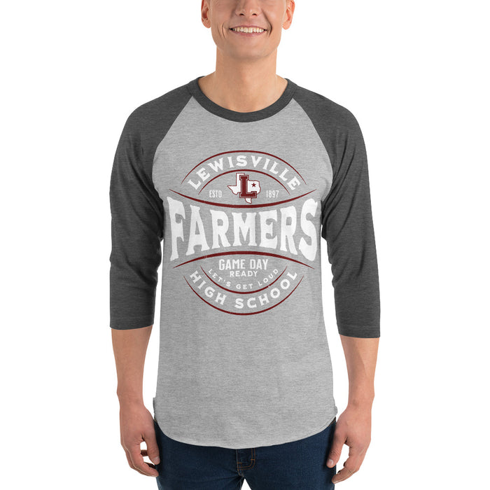 Man wearing Lewisville High School Farmers Unisex 3/4 Sleeve Raglan T-shirt 218