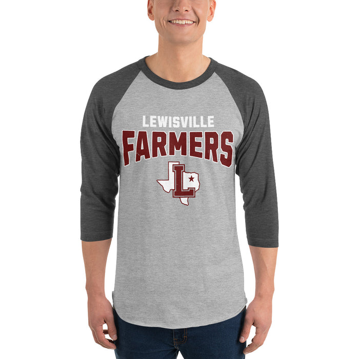 Man wearing Lewisville High School Farmers Unisex 3/4 Sleeve Raglan T-shirt 234
