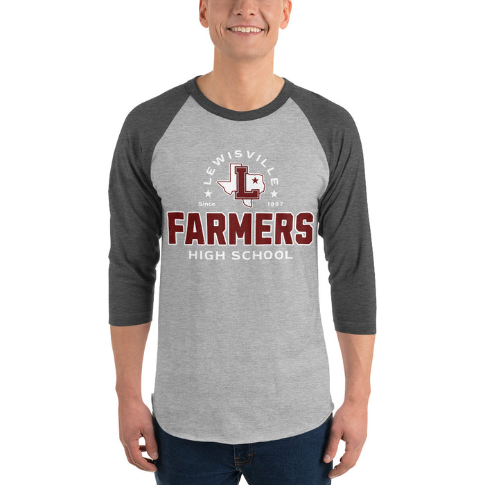 Man wearing Lewisville High School Farmers Unisex 3/4 Sleeve Raglan T-shirt 222