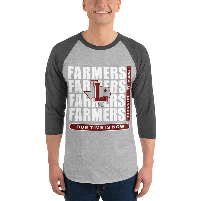 Man wearing Lewisville High School Farmers Unisex 3/4 Sleeve Raglan T-shirt 235