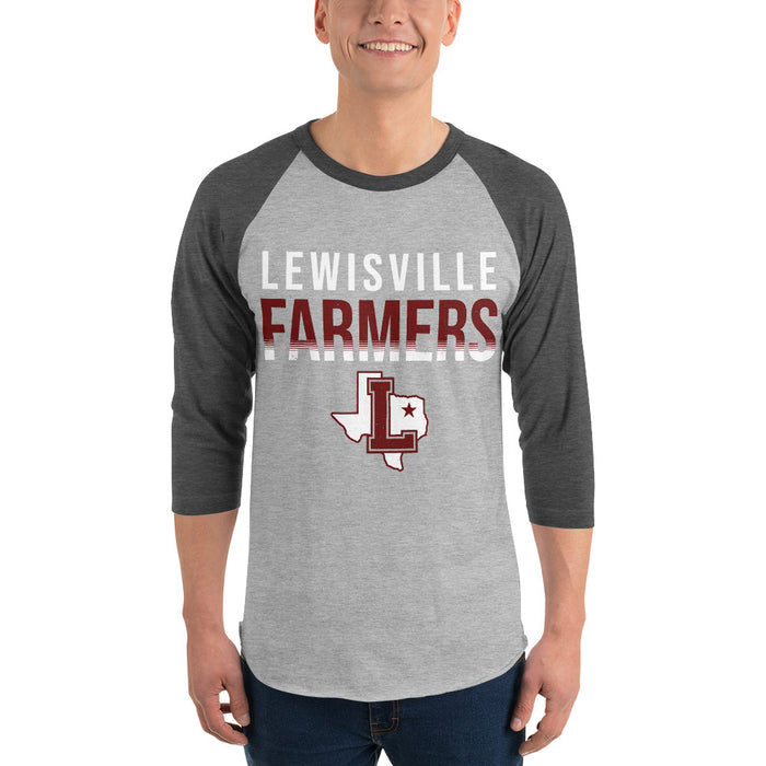 Man wearing Lewisville High School Farmers Unisex 3/4 Sleeve Raglan T-shirt 024