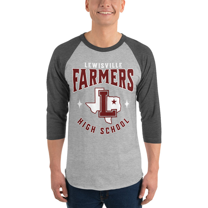 Man wearing Lewisville High School Farmers Unisex 3/4 Sleeve Raglan T-shirt 213