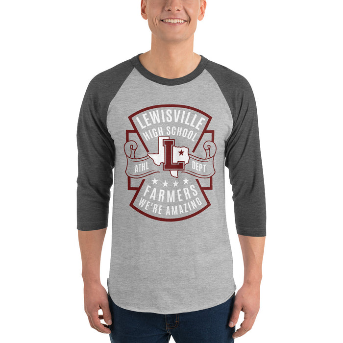 Man wearing Lewisville High School Farmers Unisex 3/4 Sleeve Raglan T-shirt 207