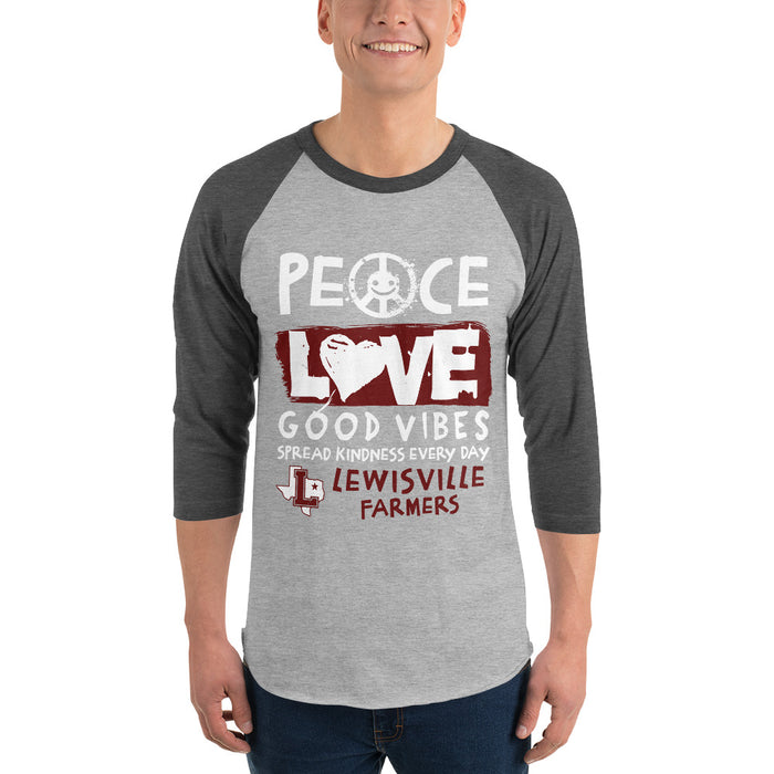 Man wearing Lewisville High School Farmers Unisex 3/4 Sleeve Raglan T-shirt 240