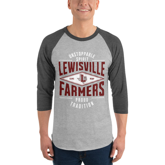 Man wearing Lewisville High School Farmers Unisex 3/4 Sleeve Raglan T-shirt 210