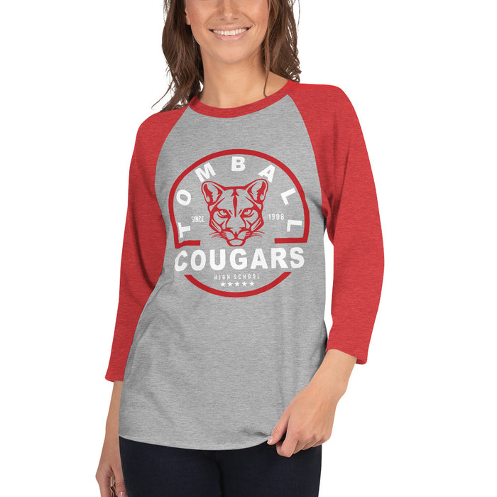 Woman wearing a Tomball High School Cougars Unisex 3/4 sleeve Raglan T-shirt 04